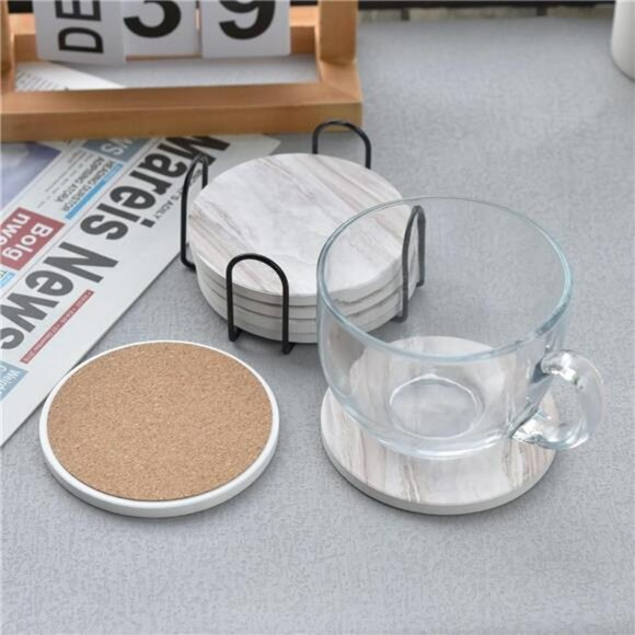 Marble Ceramic Drink Coasters Set of 6 with Holder Absorbent Coffee Table Decor - Picture 7 of 8